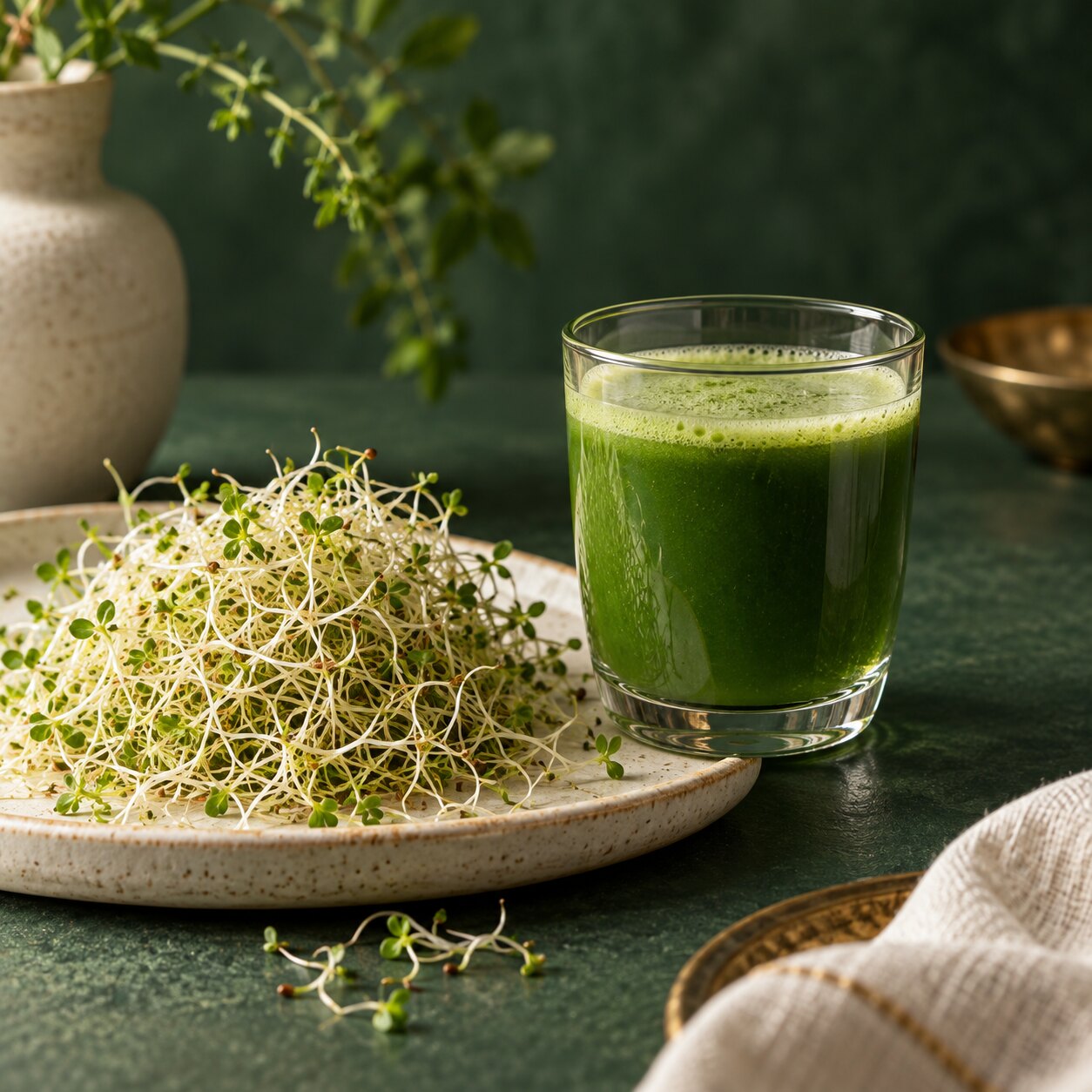 Alfalfa and a glass of raw alfalfa juice