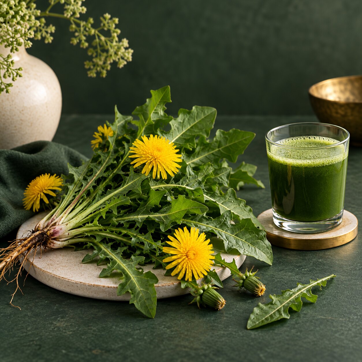 Dandelion greens and a glass of raw dandelion juice