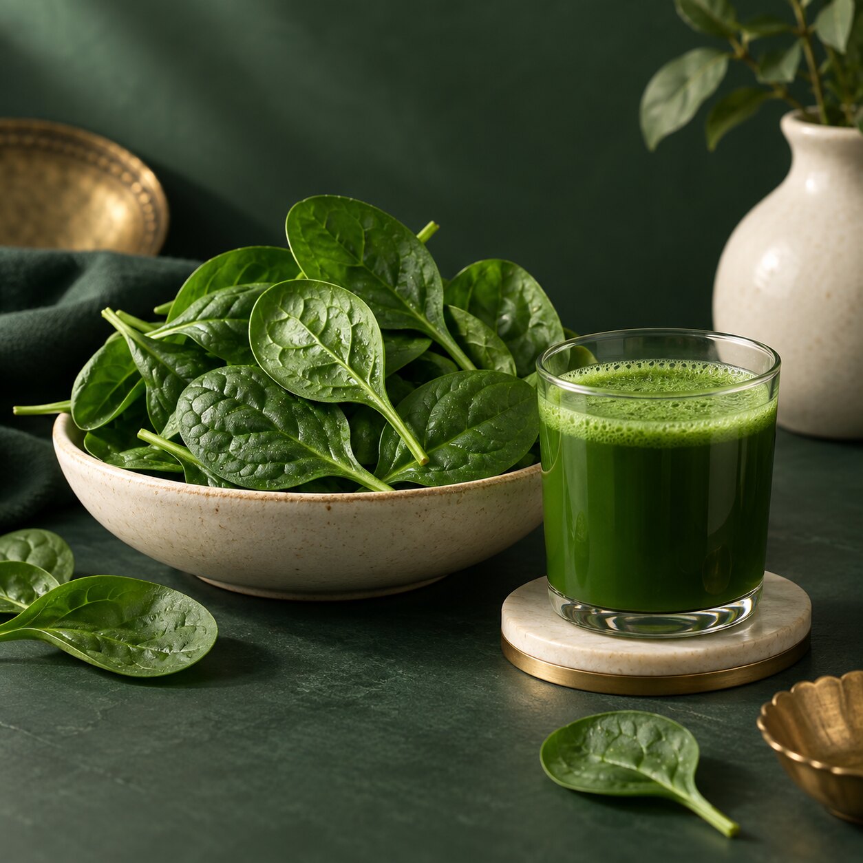 Spinach and a glass of raw spinach juice