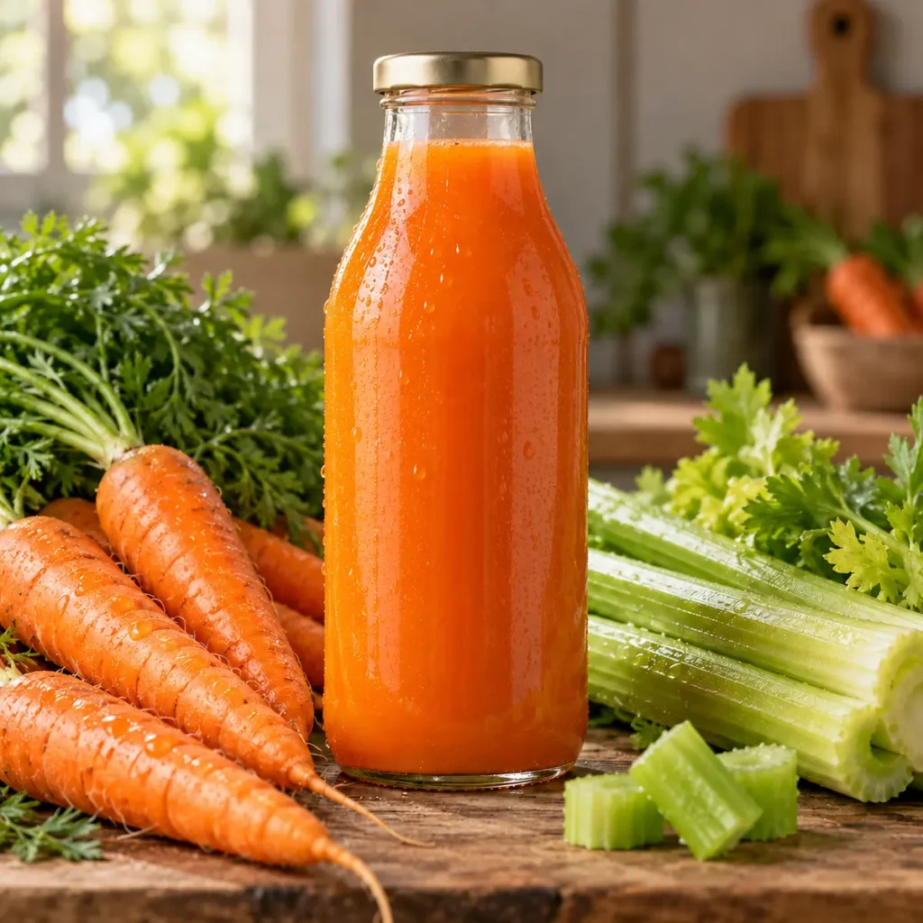 Bottle of Nerve Boost cold-pressed carrot and celery juice