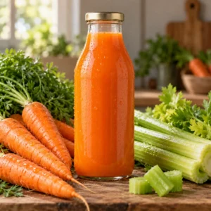 Bottle of Nerve Boost cold-pressed carrot and celery juice