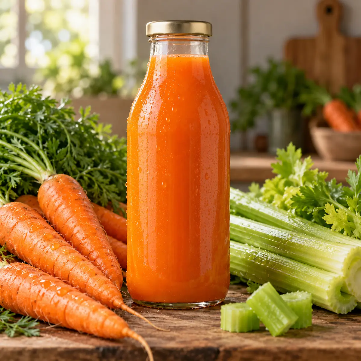 Bottle of Nerve Boost cold-pressed carrot and celery juice